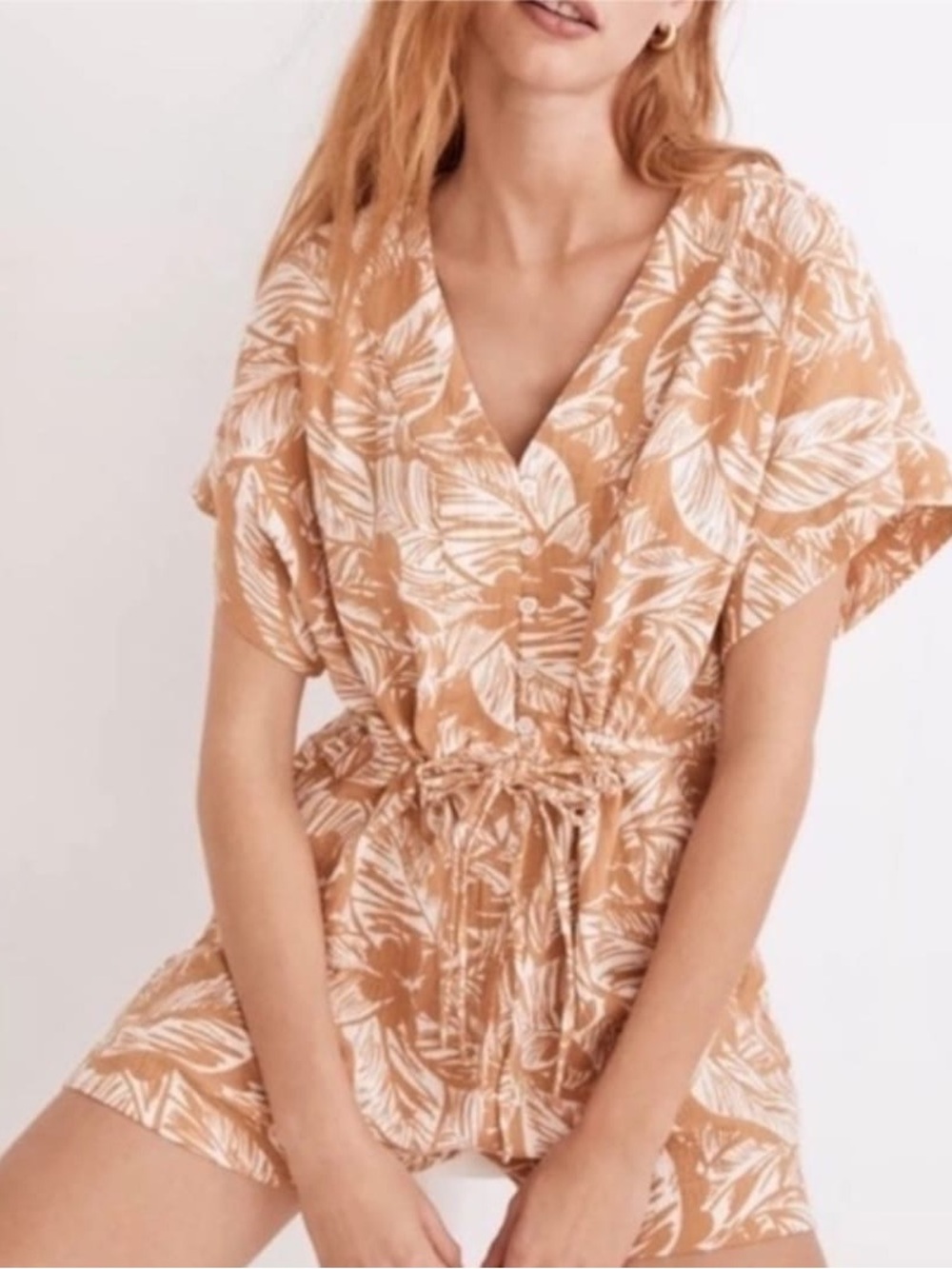 Madewell Mustard Yellow and White Leaf-Print Jumpsuit